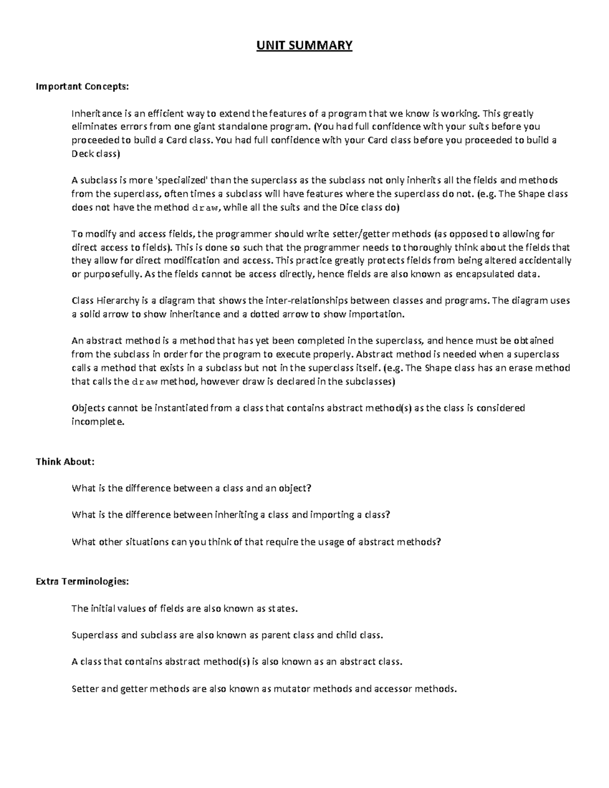 Lesson 14 Unit Summary UNIT SUMMARY Important Concepts Inheritance