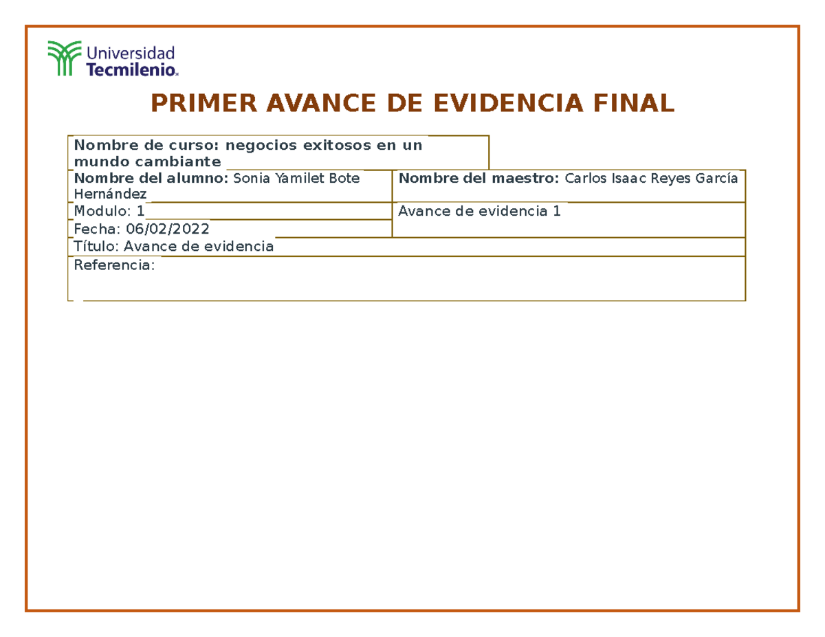 Primer Avance DE Evidencia Final negocios exitos - PRIMER AVANCE DE ...