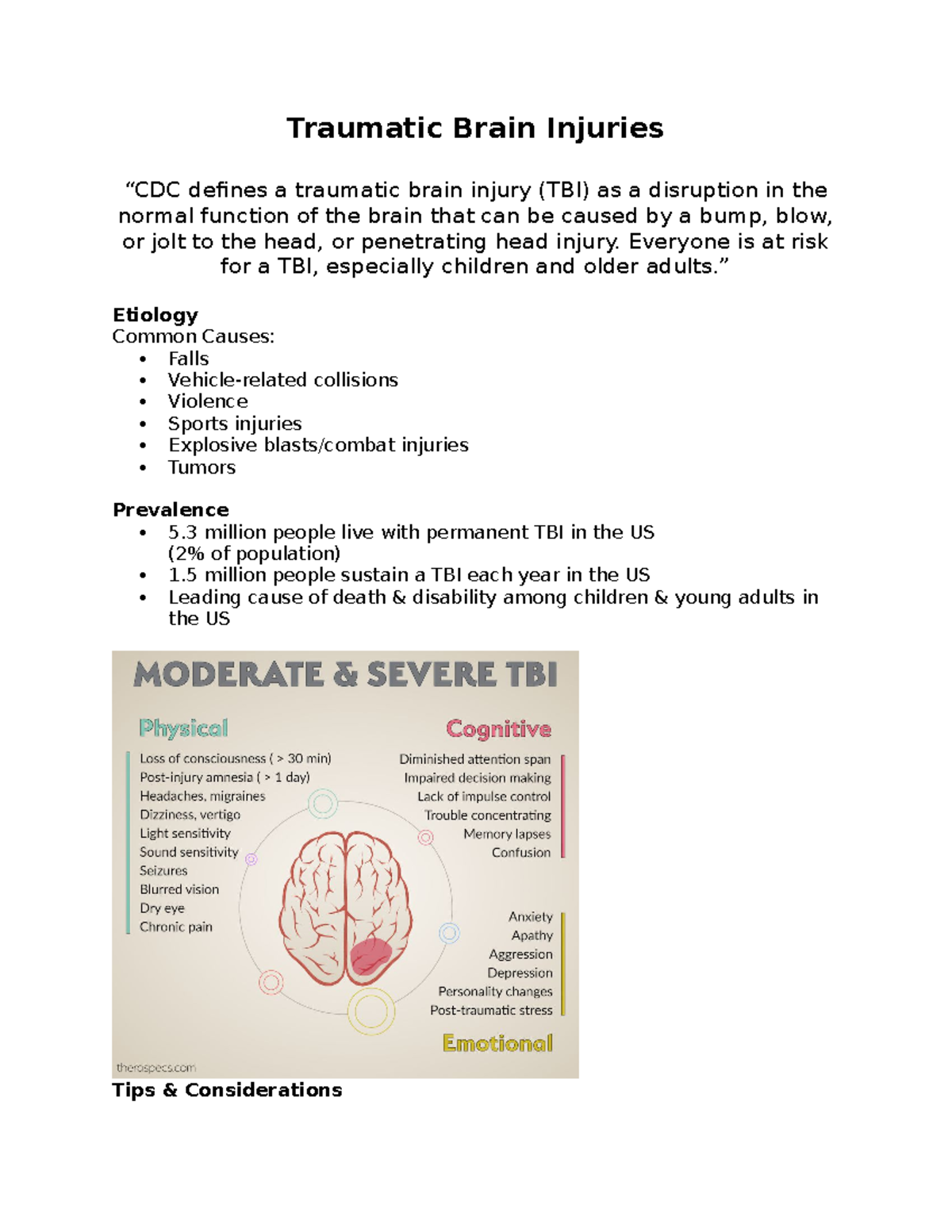 Traumatic Brain Injuries Handout - Traumatic Brain Injuries “CDC ...