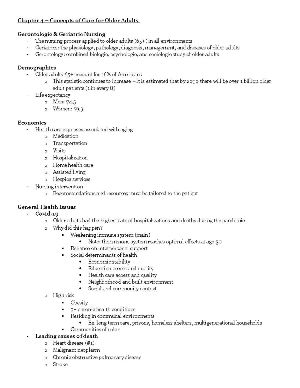 Exam 1 Study Guide - Chpt 4 (Concepts of Care for Older Adults), 13 ...