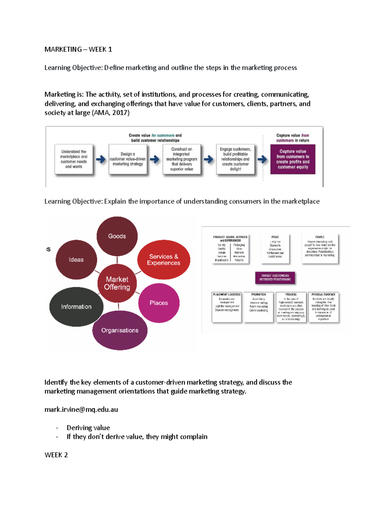 Marketing lecture notes full - MARKETING – WEEK 1 Learning Objective ...