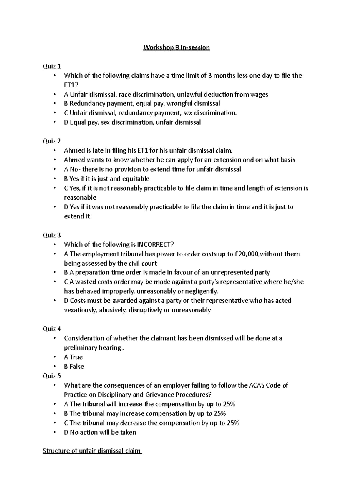 Employment Law - Workshop 8 Lecture Notes - Workshop 8 In-session Quiz ...