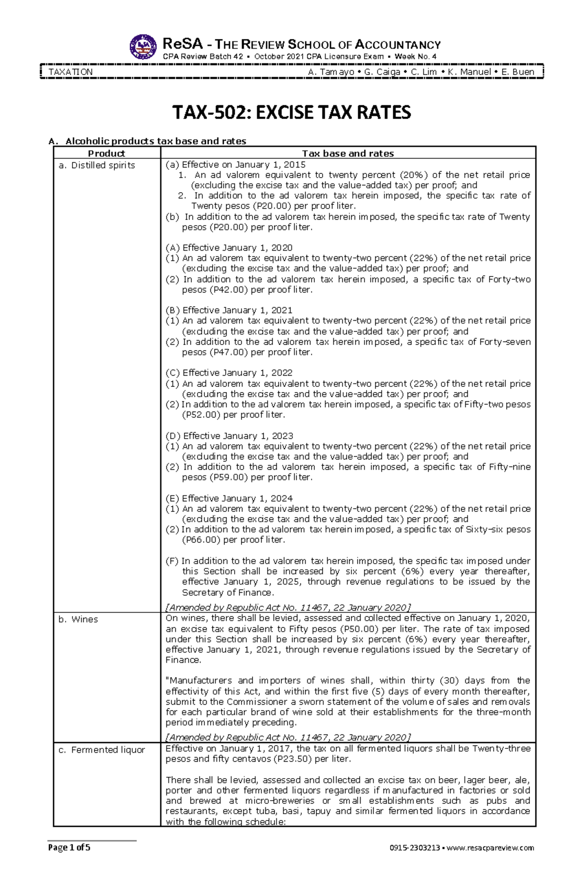 TAX 502 Excise Tax Rates ReSA THE REVIEW SCHOOL OF ACCOUNTANCY CPA