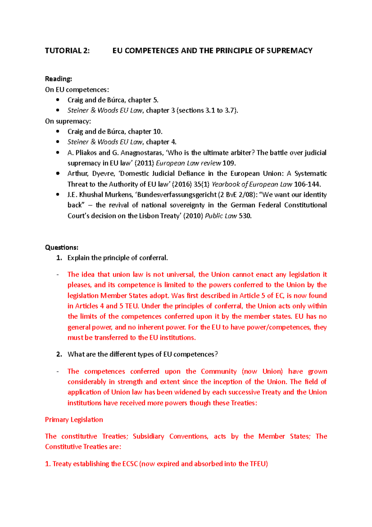 Tutorial 2 - European Union Law - TUTORIAL 2: EU COMPETENCES AND THE ...