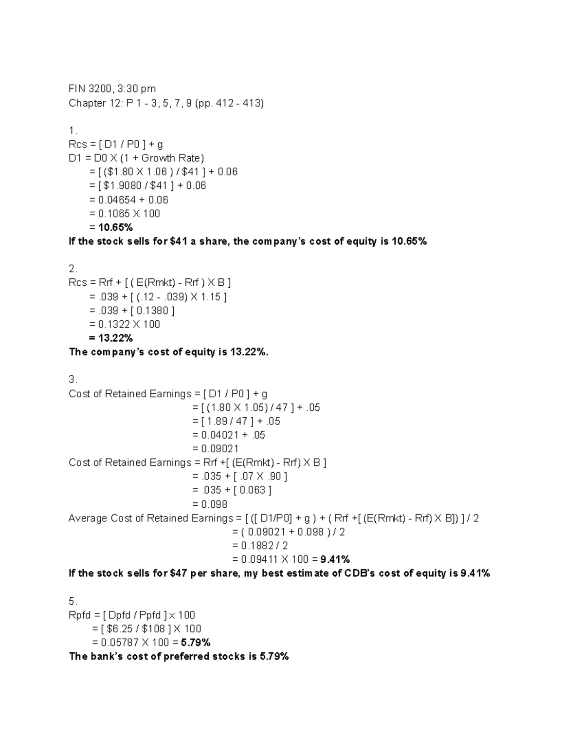 FIN 3200 - Assignment - Chapter 12 P 1-3 5 7 9 Pp. 412-3 - Business ...