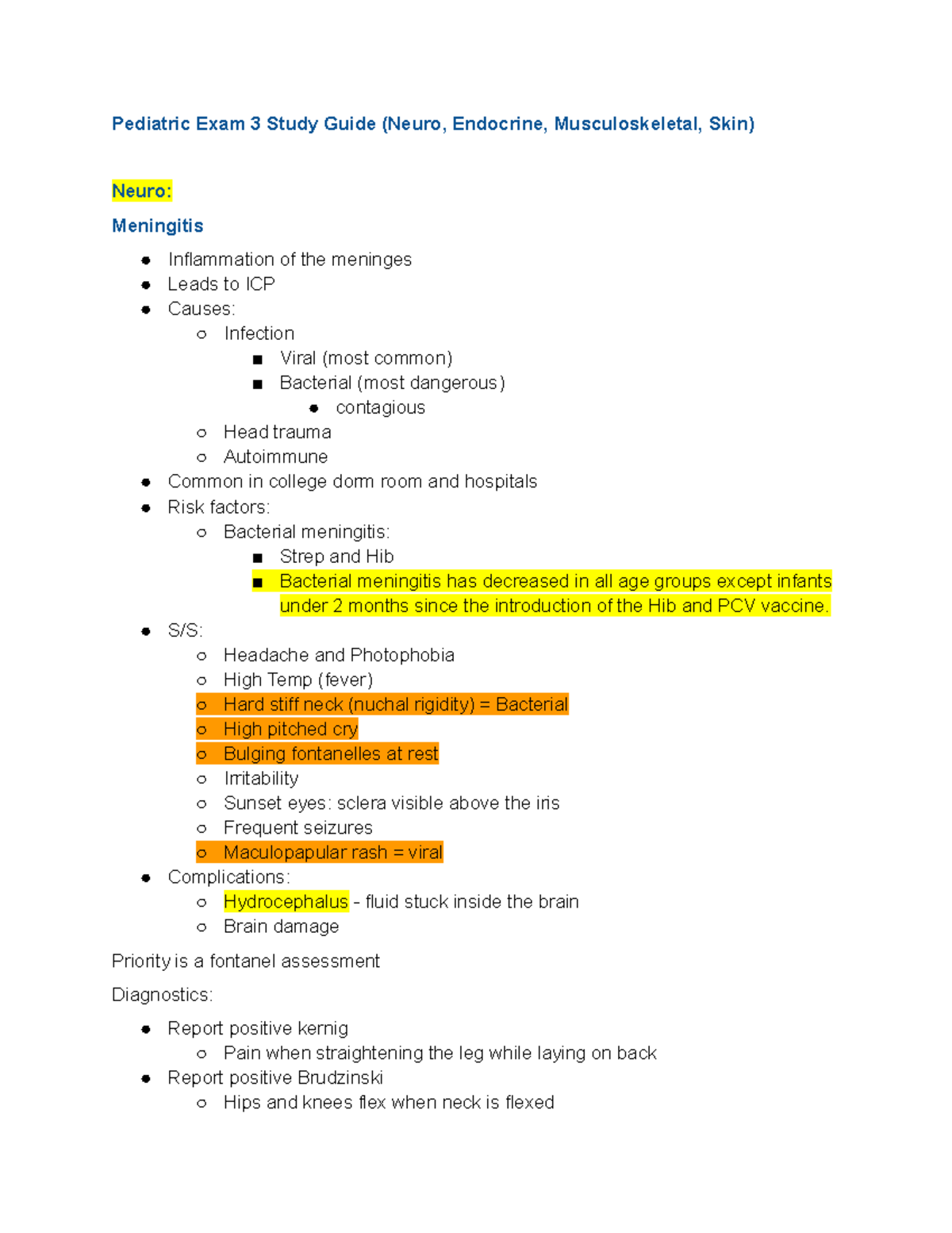 PEDS Exam 3 - Study guide - Pediatric Exam 3 Study Guide (Neuro ...