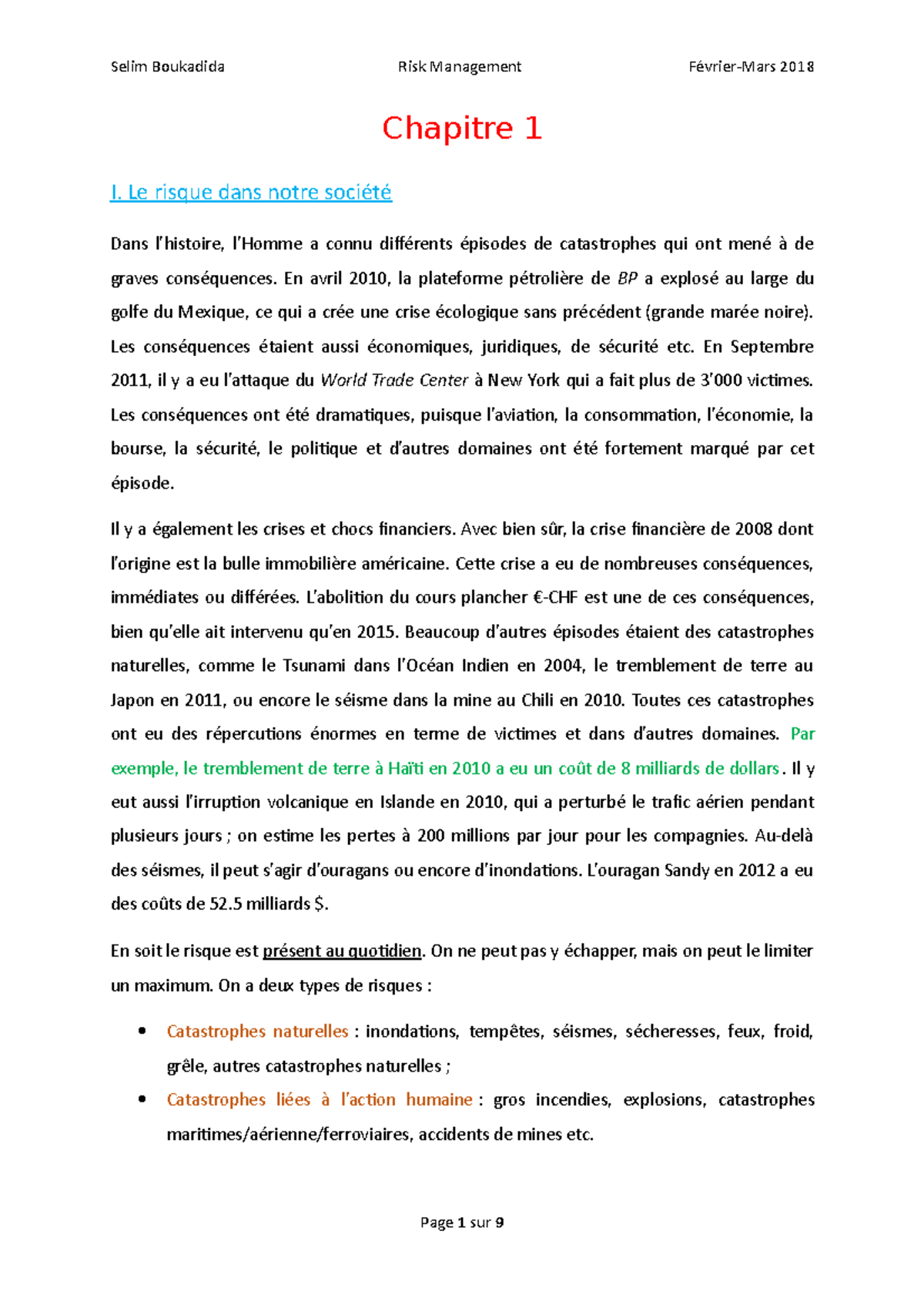 Chapitre 1 - Résumé Risk Management - Chapitre 1 I. Le risque dans ...