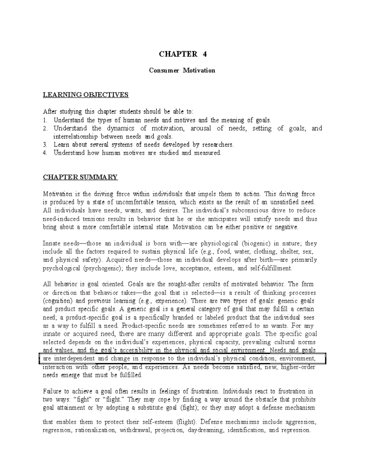 CB-Chapter 4 - CHAPTER Consumer Motivation LEARNING OBJECTIVES After ...