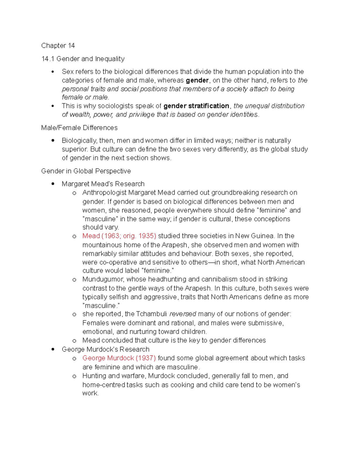 Chapter 14 from the textbook - Chapter 14 14 Gender and Inequality Sex ...