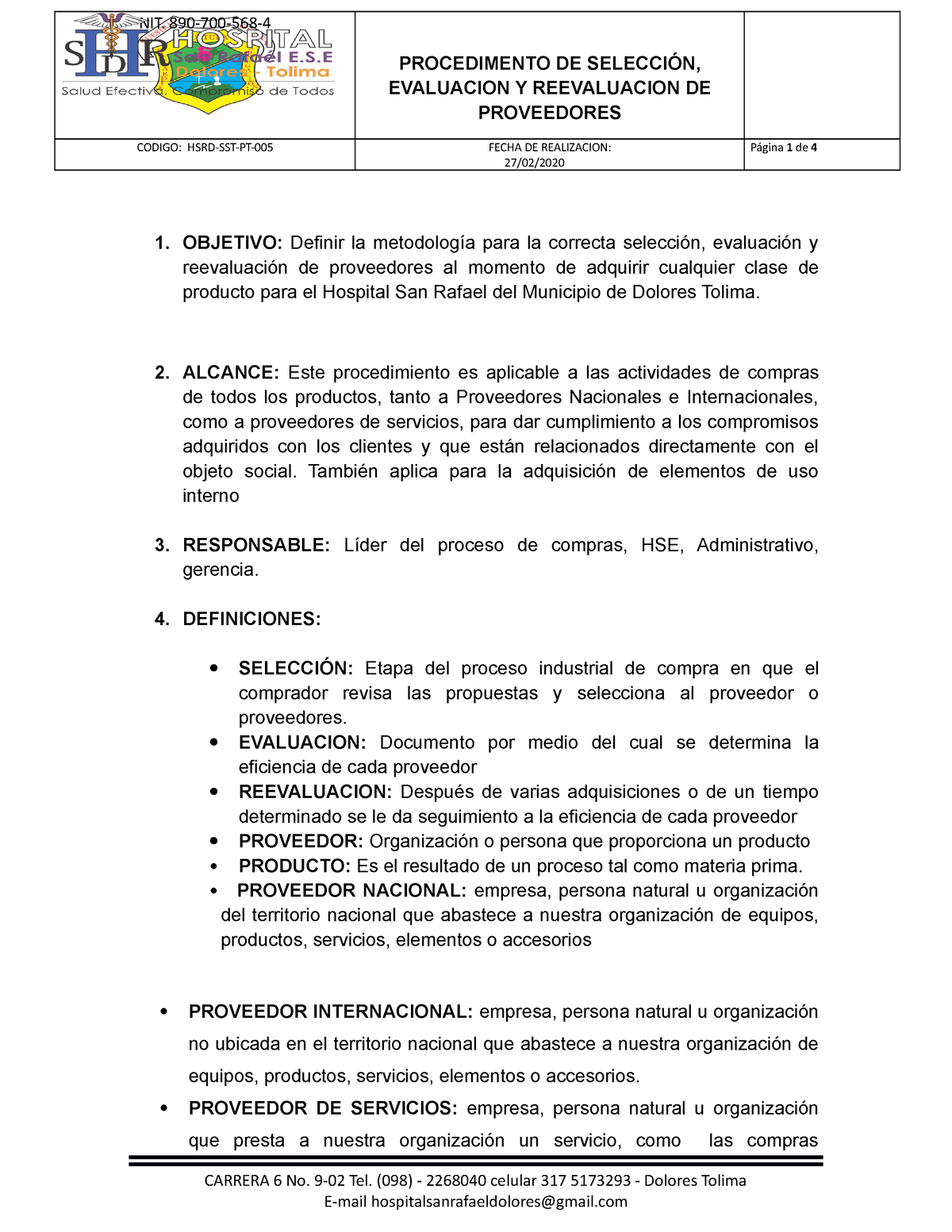 Procedimiento Seleccion, Evaluacion Y Reevaluacion DE Proveedores ...