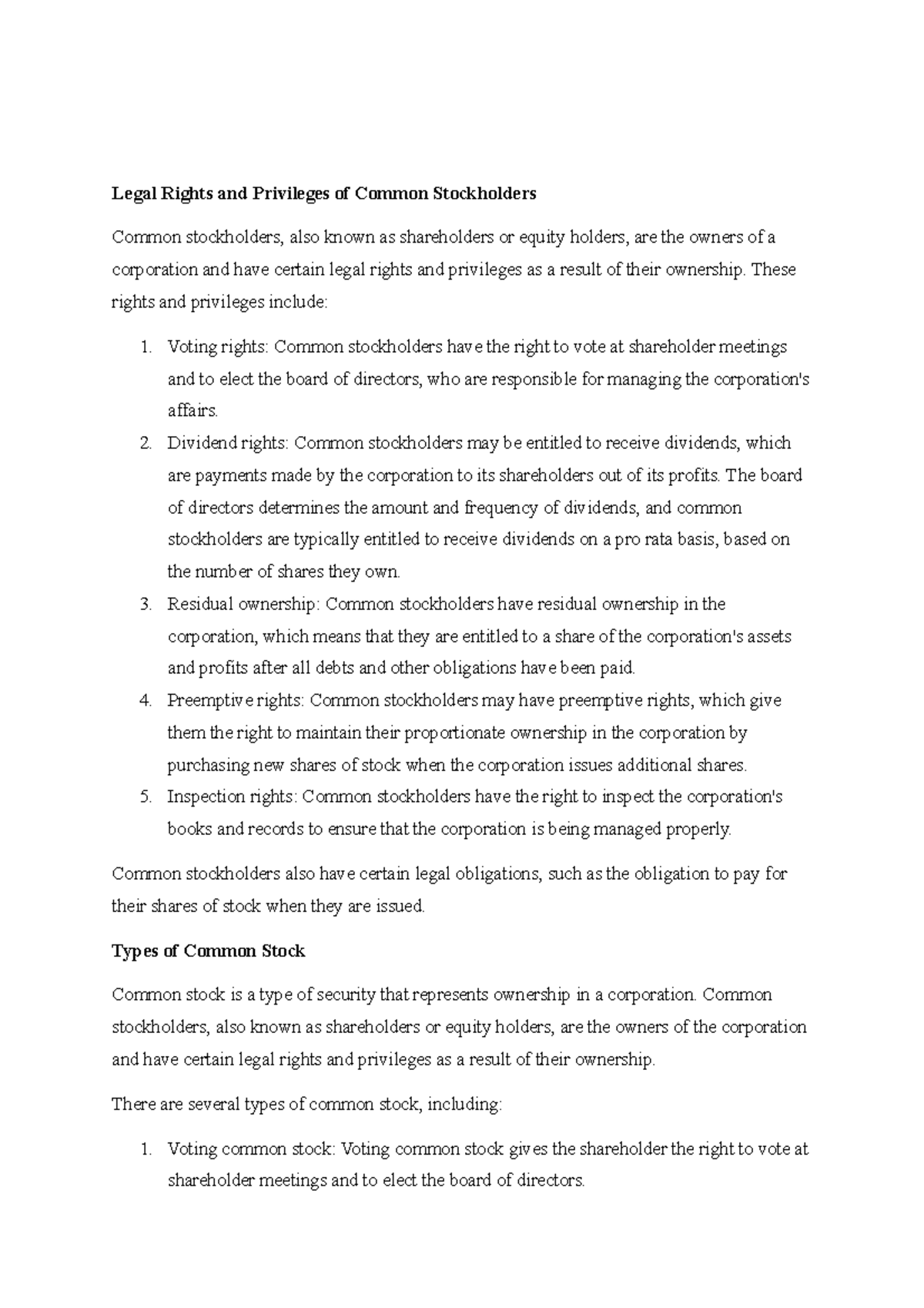 Legal Rights and Privileges of Common Stockholders - These rights and ...