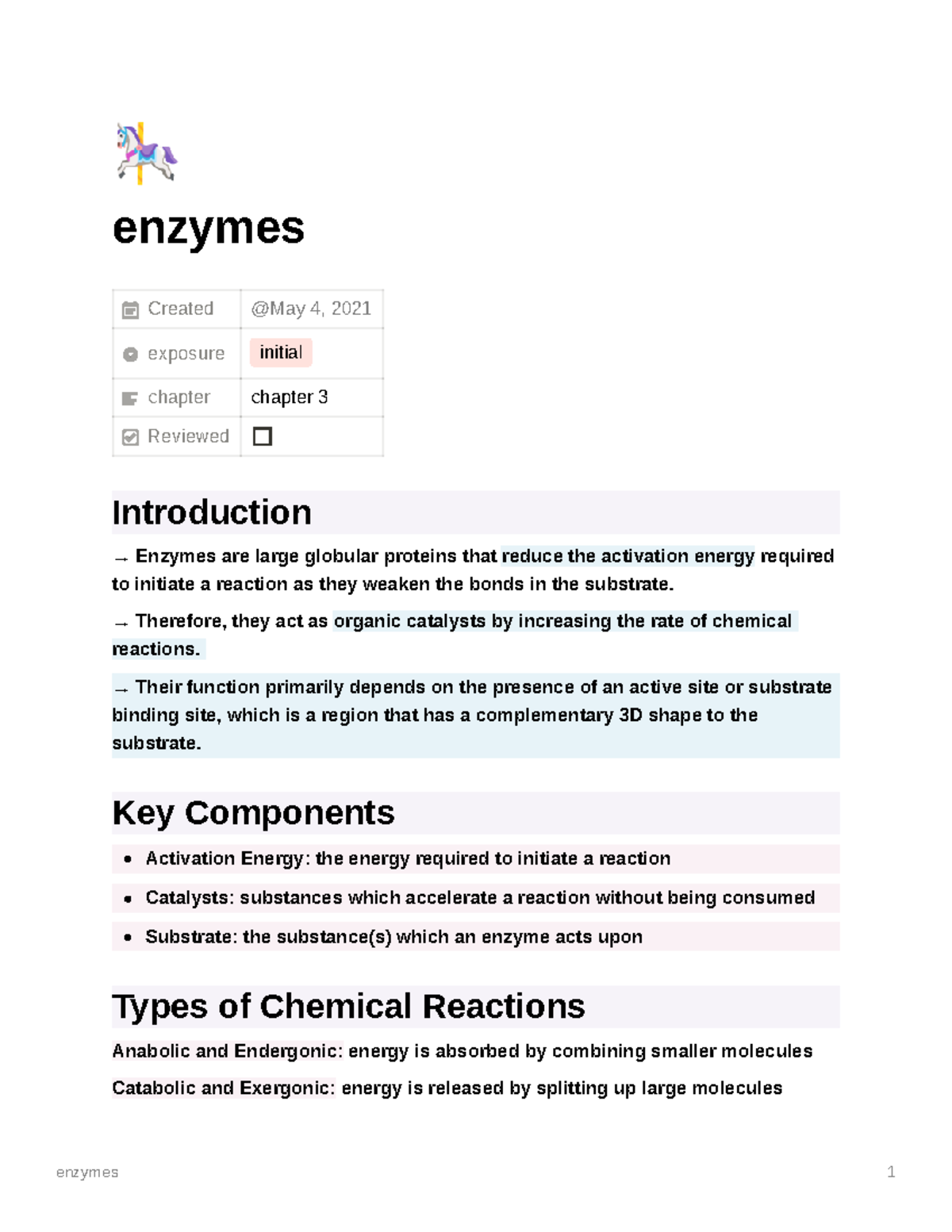 Enzymes - Vce Biology Unit 3/4 Notes - Enzymes Created Exposure Initial ...