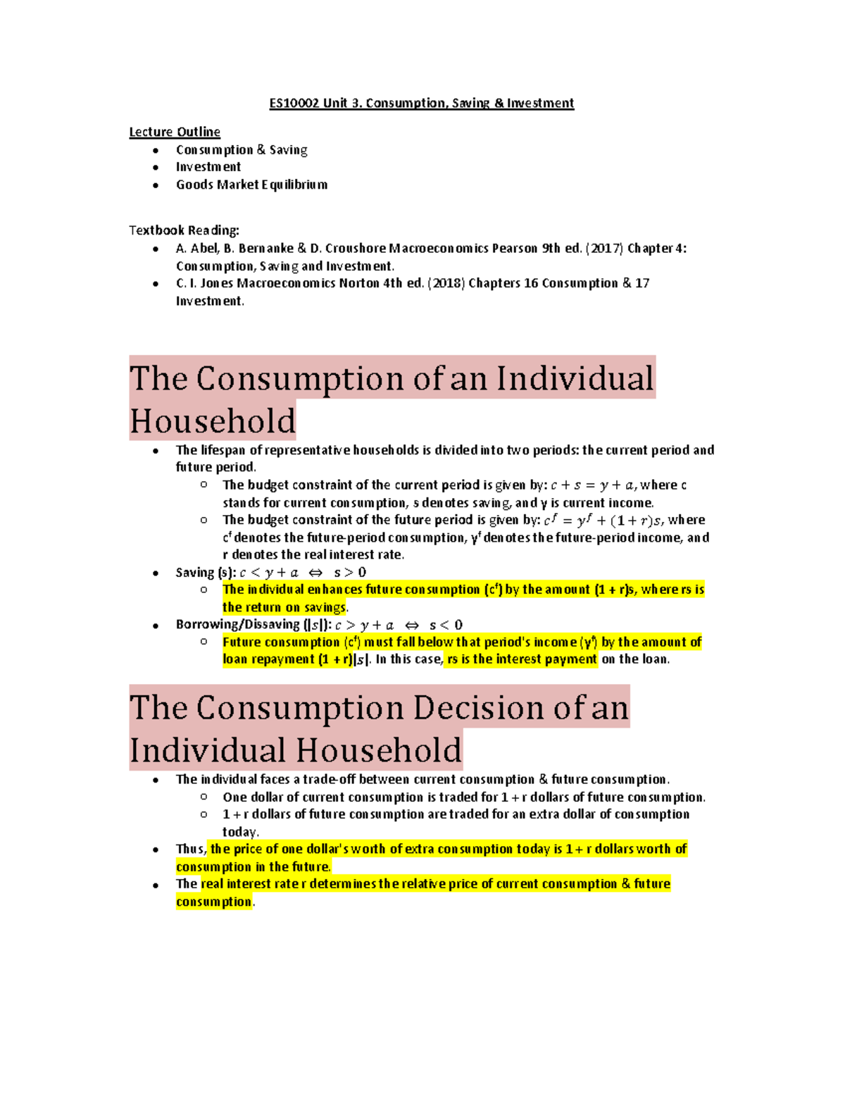 Unit 3. Consumption, Saving And Investment - ES10002 Unit 3 ...