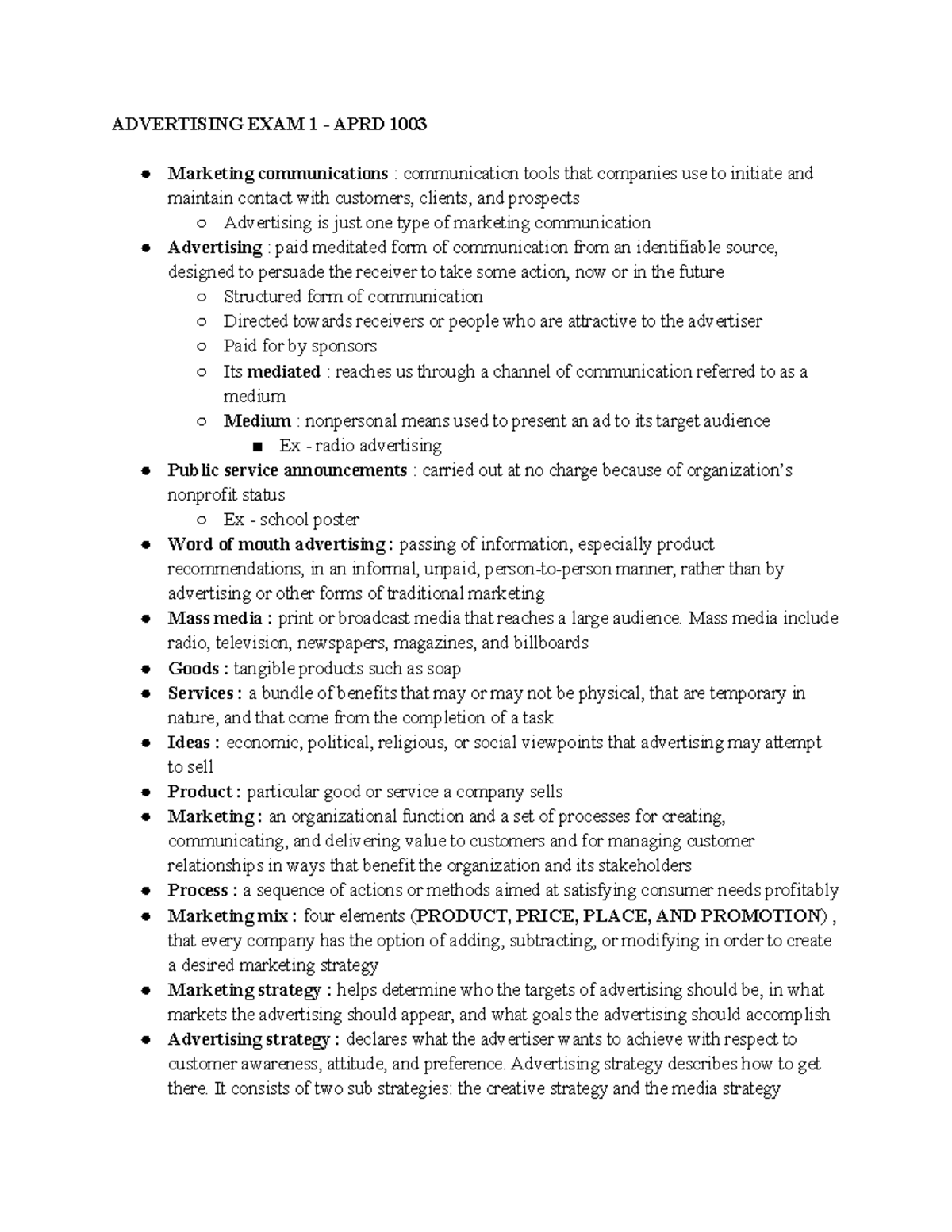 Advertising EXAM 1 - APRD 2001 lecture notes Kelty Logan Erin Willis ...
