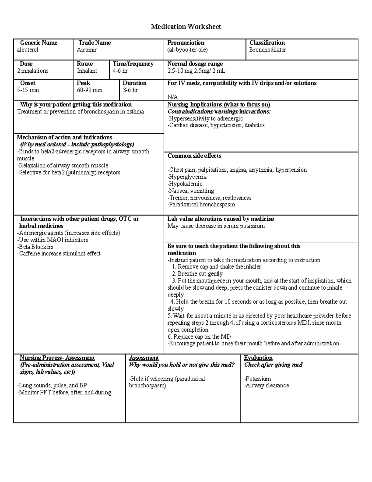 Albuterol Drug Card - lkkkk - Medication Worksheet Generic Name ...