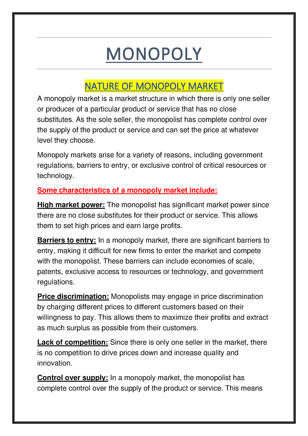 term paper on monopoly market