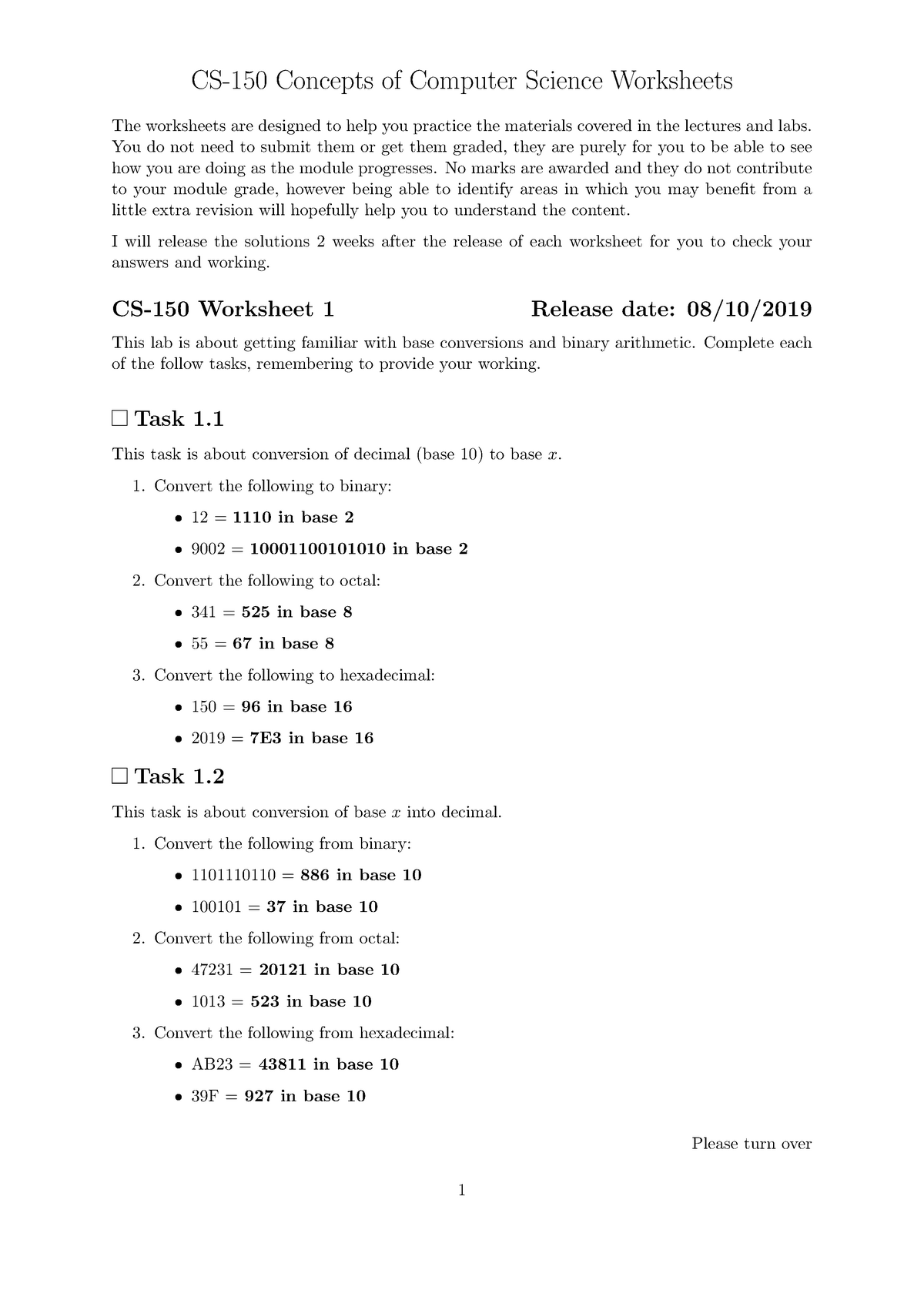 worksheet 1 solutions cs 150 concepts of computer science worksheets the worksheets are designed studocu