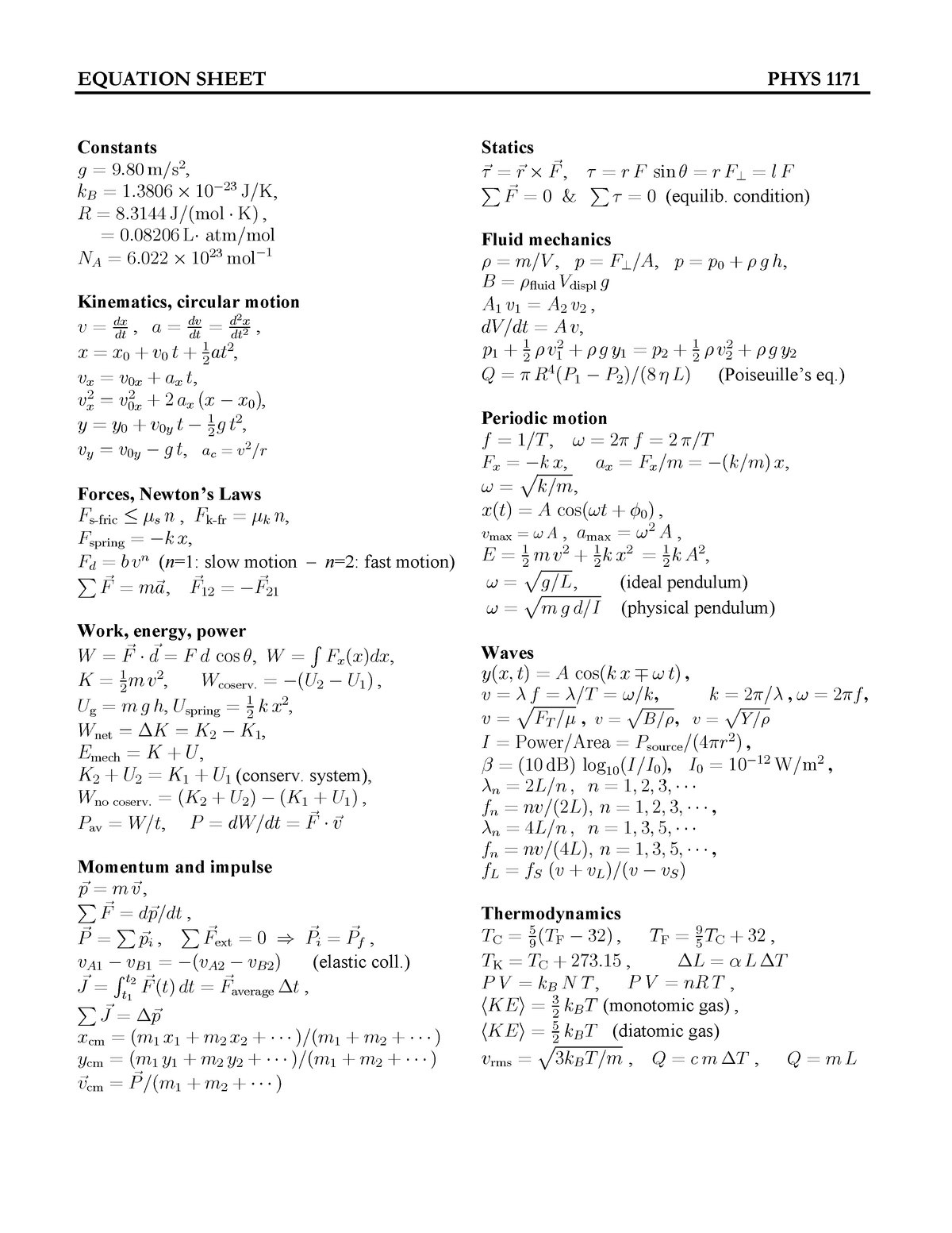 Equation Sheet Final Test Phys 1171 Lab For Physics 1171 Phys 1172 Studocu