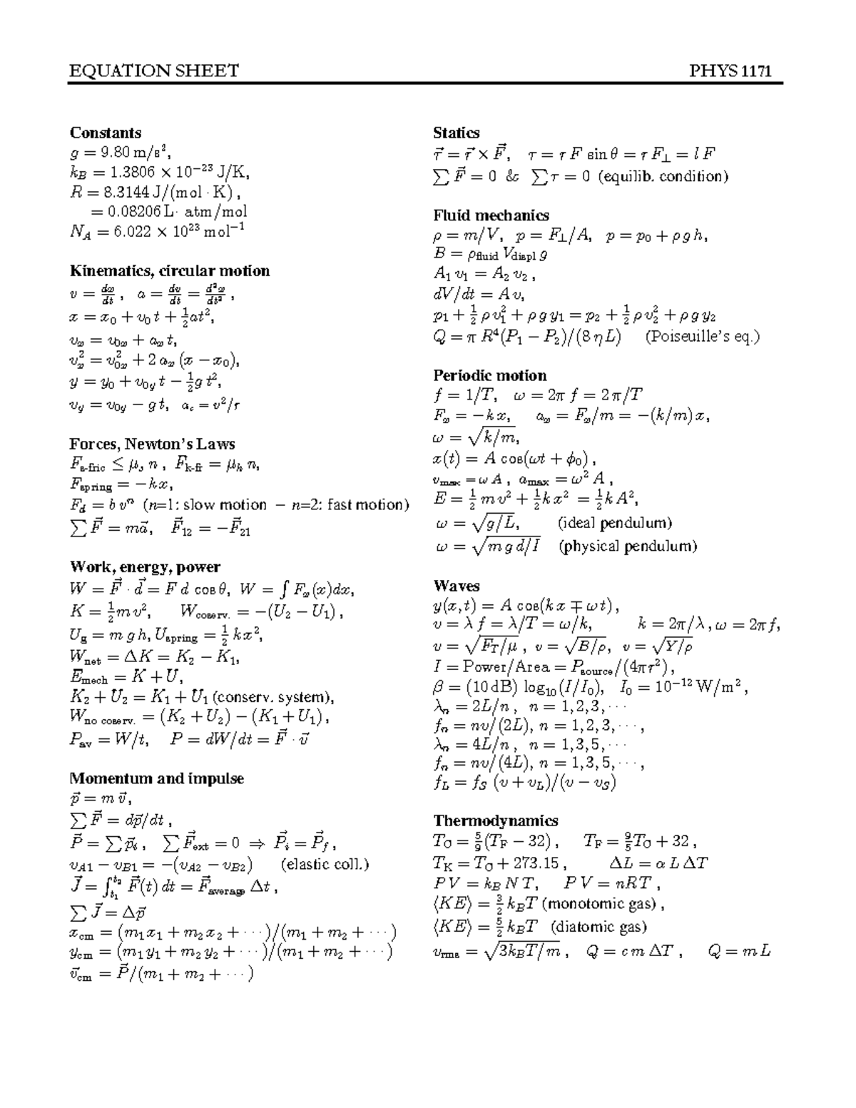 Equation Sheet Final Test Phys 1171 Lab For Physics 1171 Warning