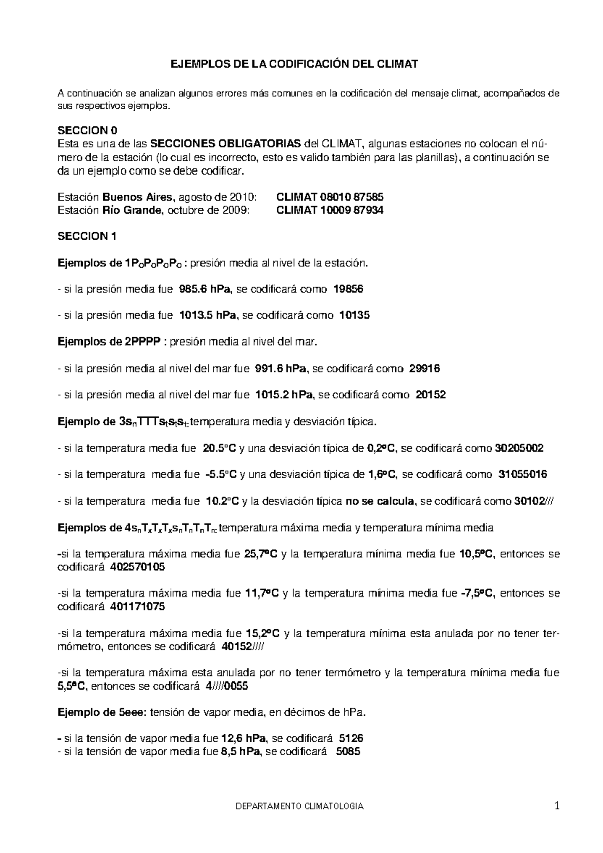 PARA LA Codificacion- Climat - EJEMPLOS DE LA CODIFICACIÓN DEL CLIMAT A ...