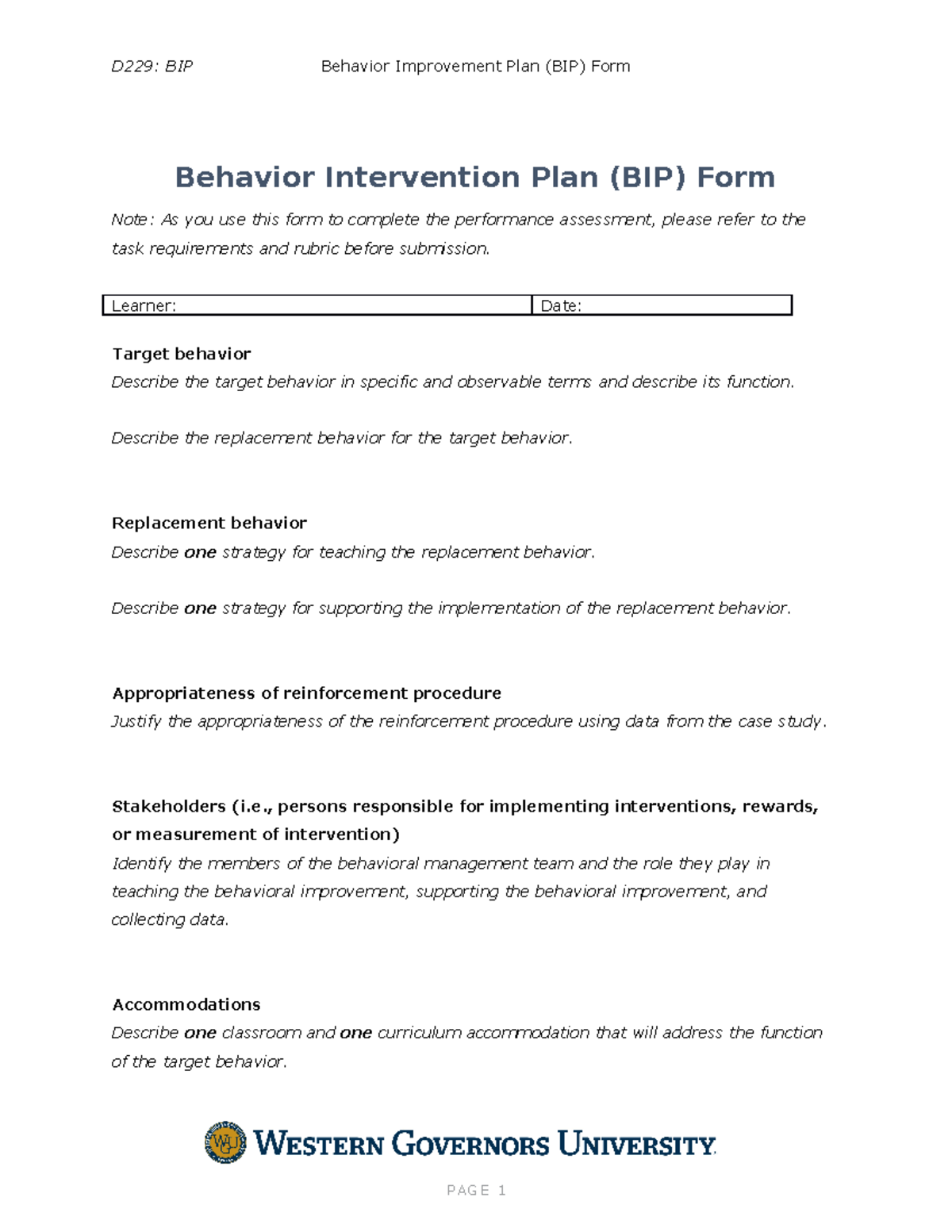 Behavior Intervention Plan (BIP) Form - D229: BIP Behavior Improvement ...