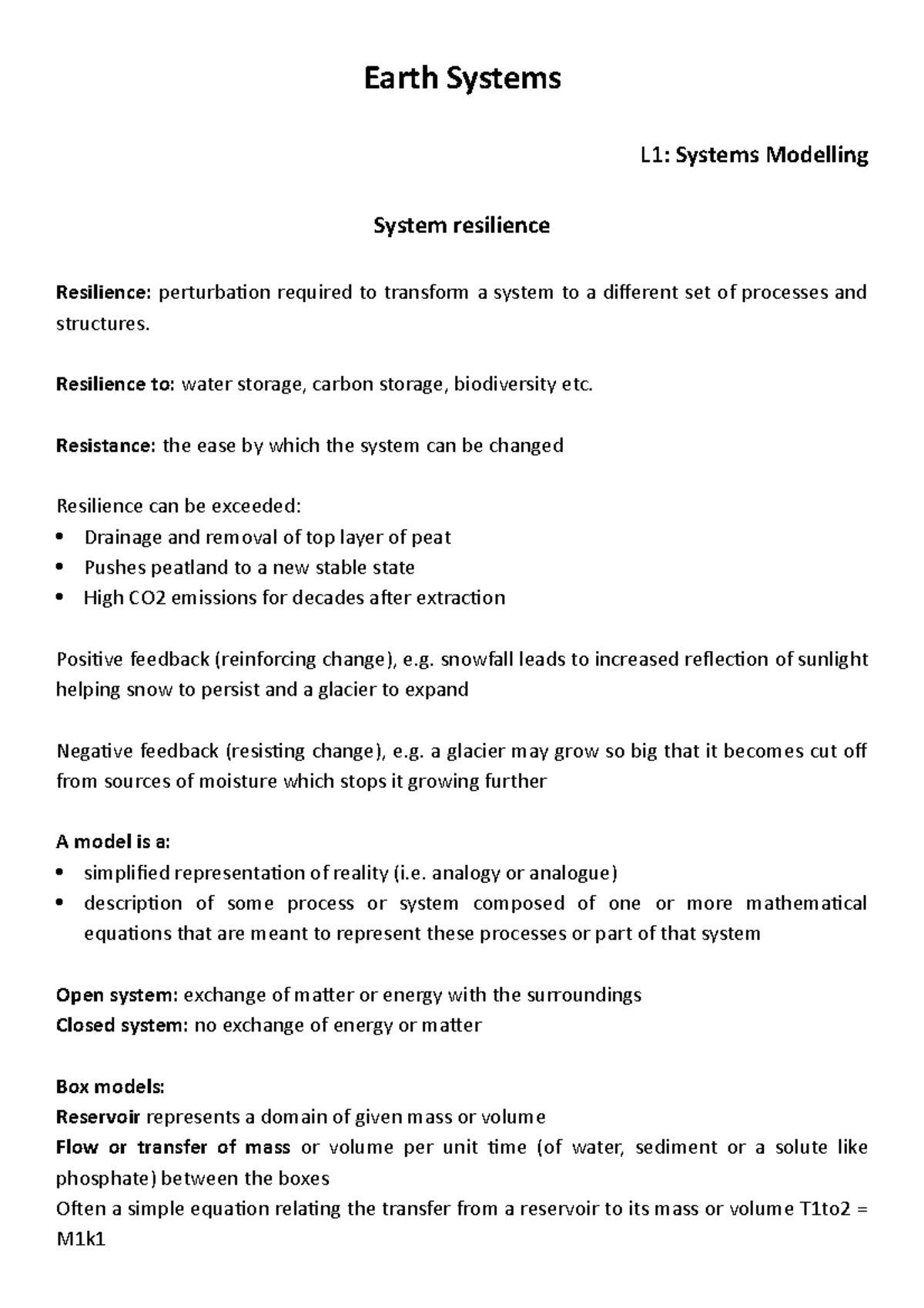N1 - Systems Modelling - Earth Systems L1: Systems Modelling System ...