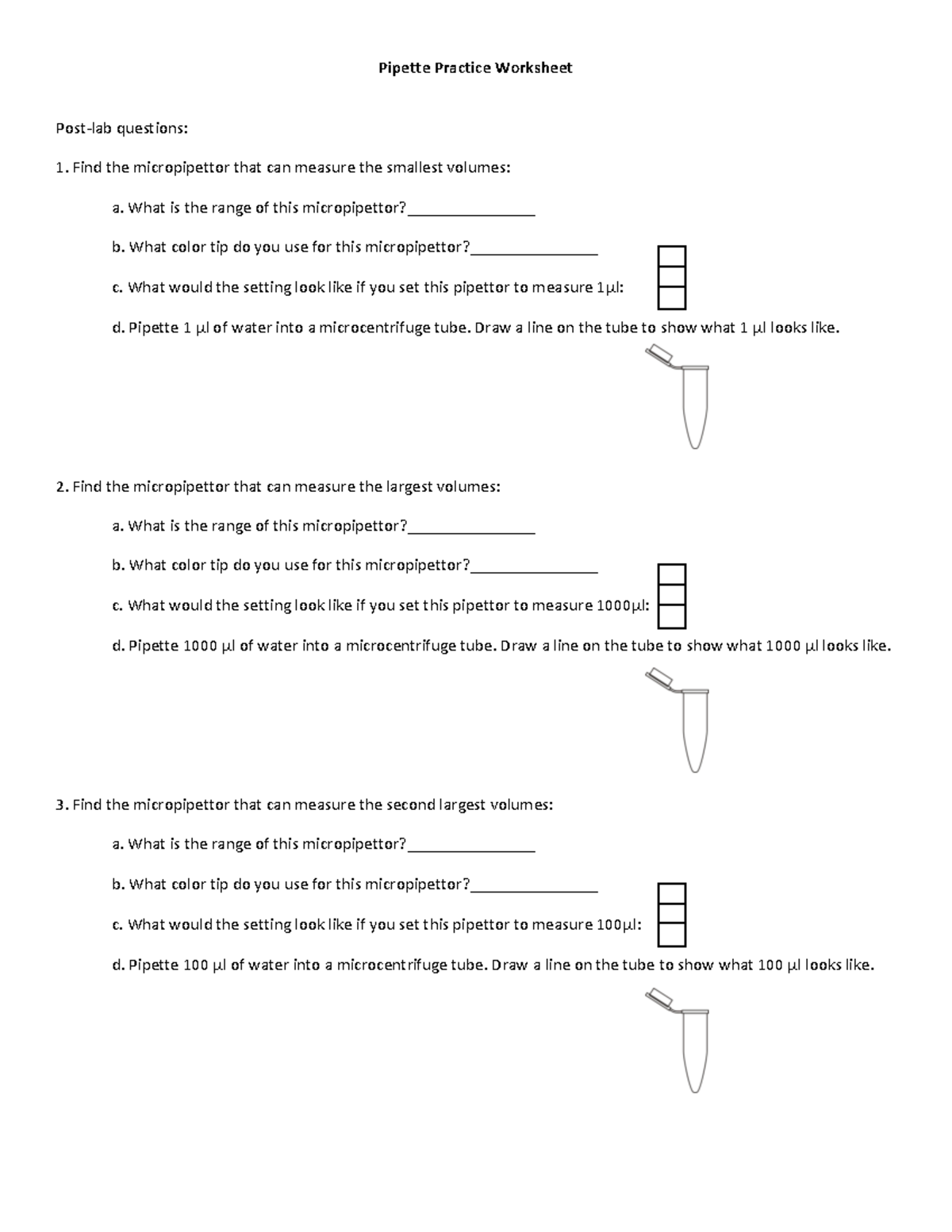 Pipette Worksheet Pipette Practice Worksheet Postlab questions Find
