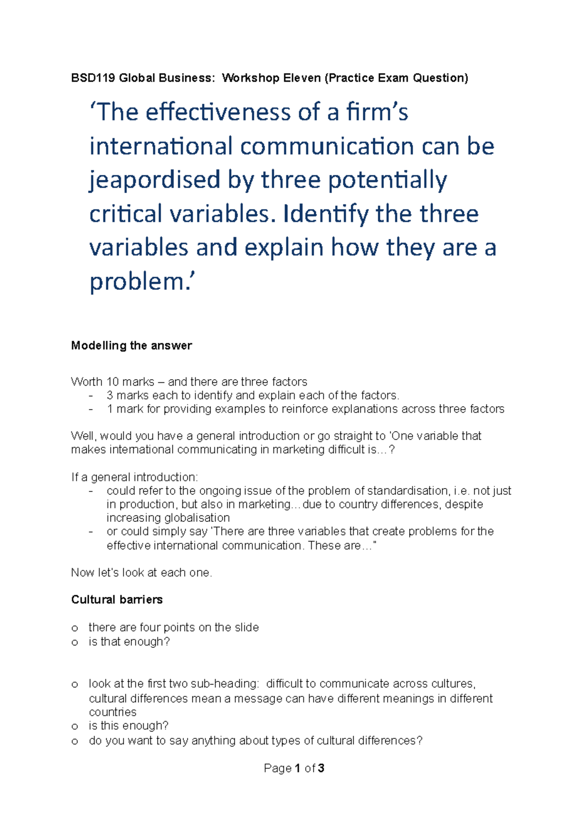 Workshop Eleven model answer for students - BSD119 Global Business ...