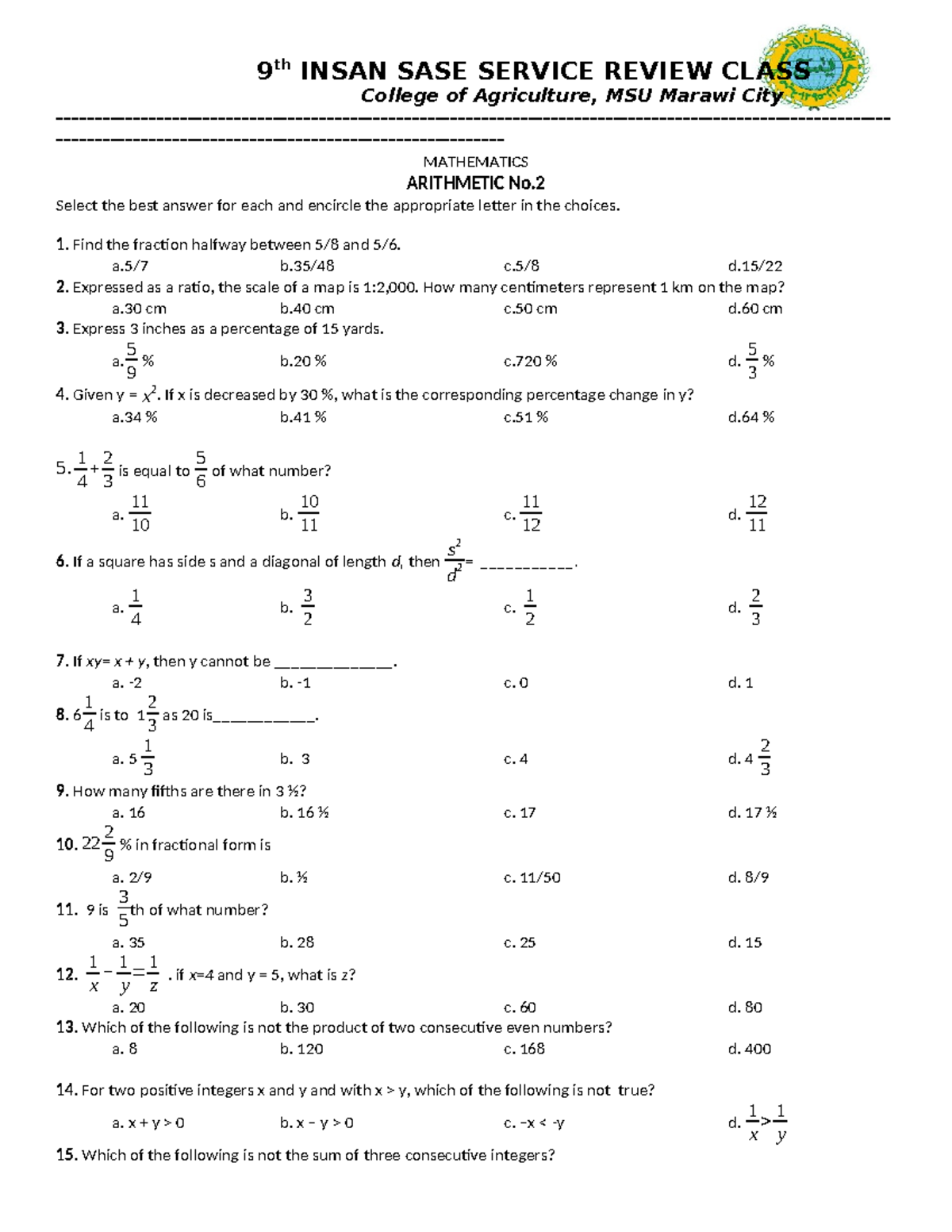 2nd-Math-Exam - really important - 9 th INSAN SASE SERVICE REVIEW CLASS ...