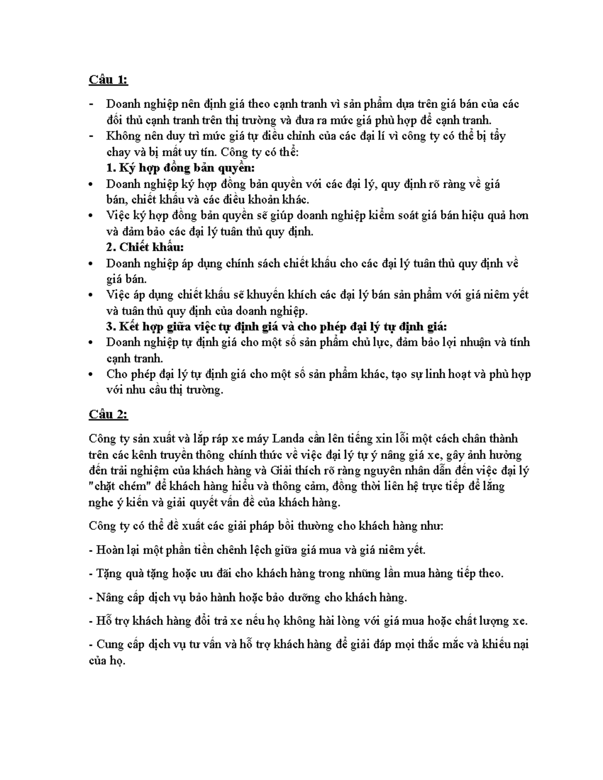 MAR DV Công ty Landa - Câu 1: - Doanh nghiệp nên định giá theo cạnh ...