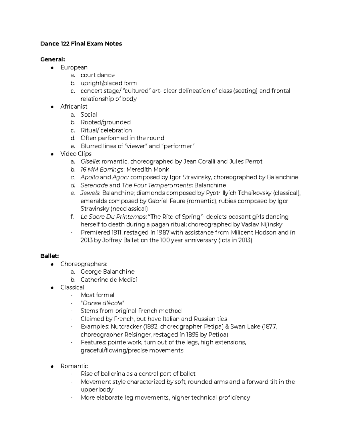 Dance 122 Final Notes Dance 122 Final Exam Notes General European a