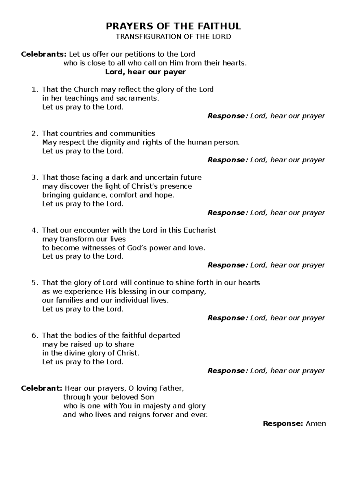 Prayers OF THE Faithful - PRAYERS OF THE FAITHUL TRANSFIGURATION OF
 THE
