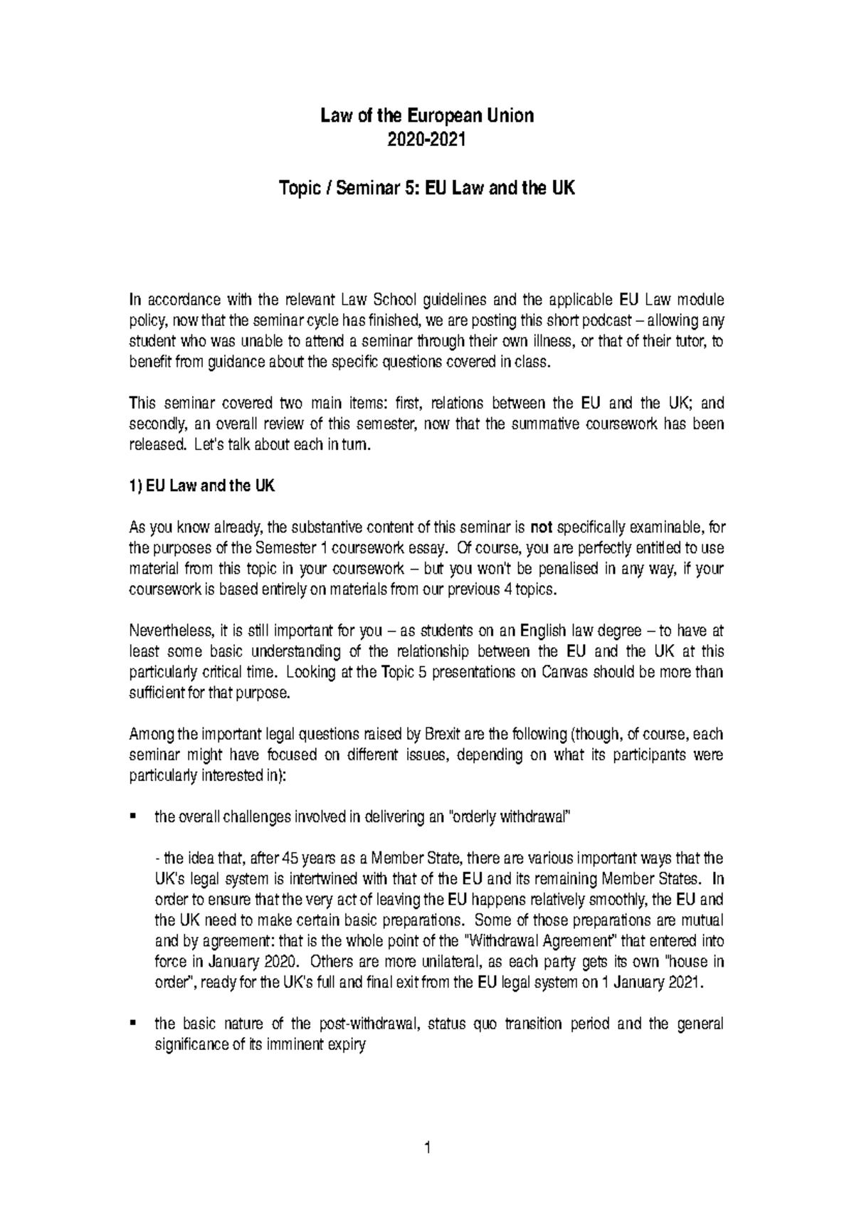 EU Law and the UK Summary - Law of the European Union 2020- Topic ...