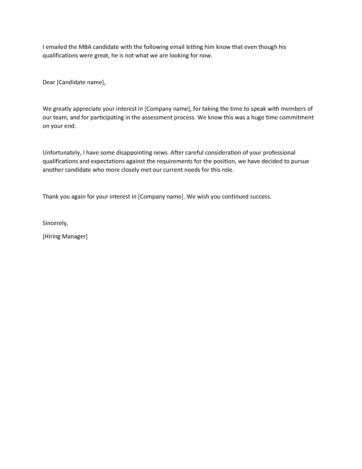 Rejection Letter Sample - I emailed the MBA candidate with the ...