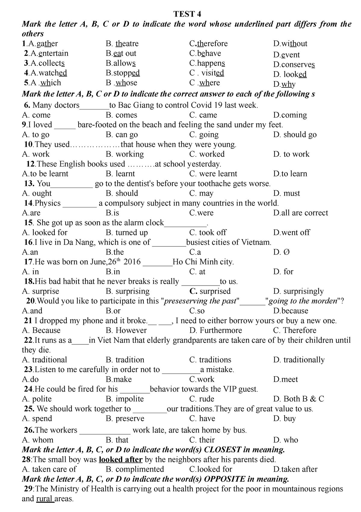 English Grammar - TEST 4 Mark The Letter A, B, C Or D To Indicate The ...