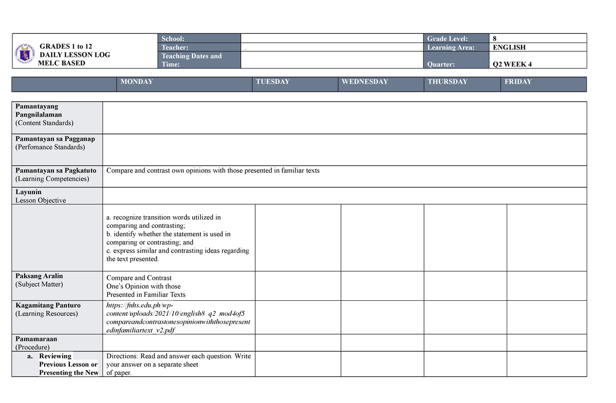 MELC DLL ENG 8 WEEK 4 Q2 done - GRADES 1 to 12 DAILY LESSON LOG MELC ...