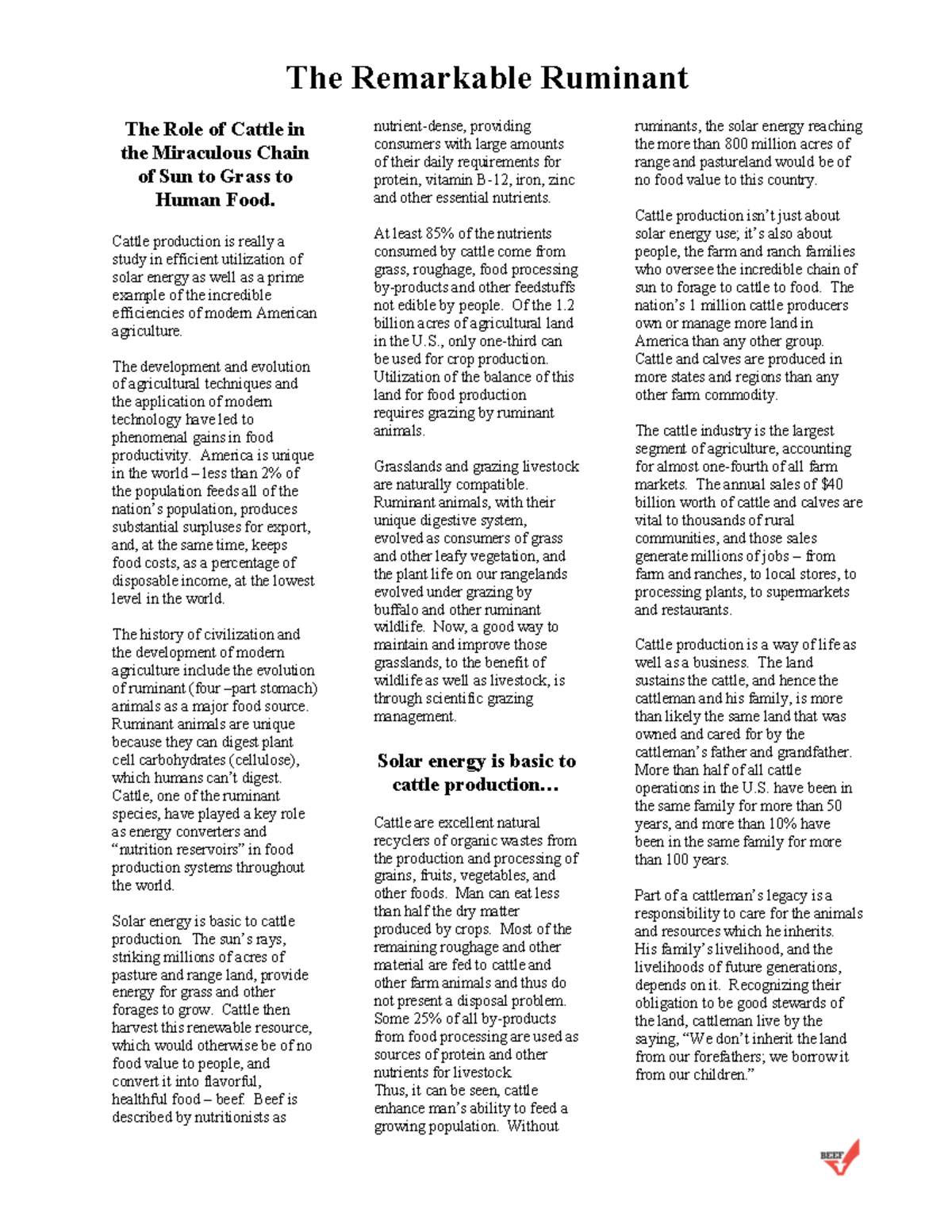 Remarkable Ruminant handout - The Remarkable Ruminant The Role of ...