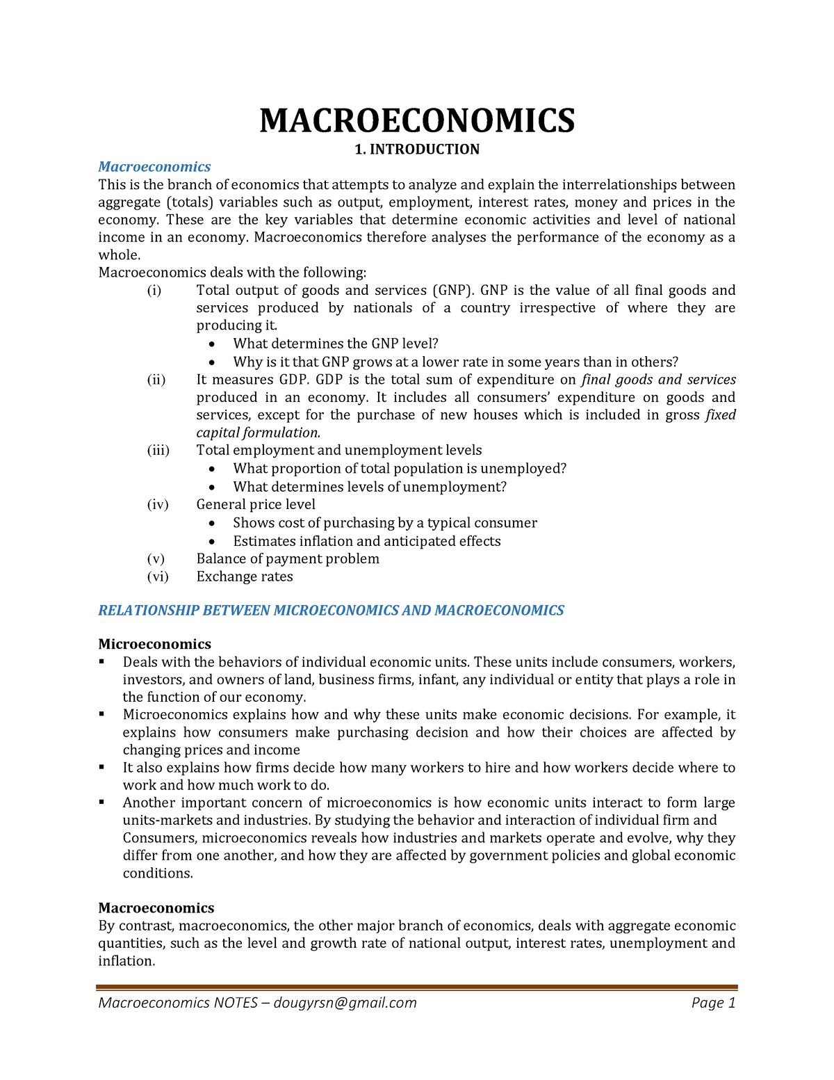 Macroeconomics - Notes - MACROECONOMICS 1. INTRODUCTION Macroeconomics ...