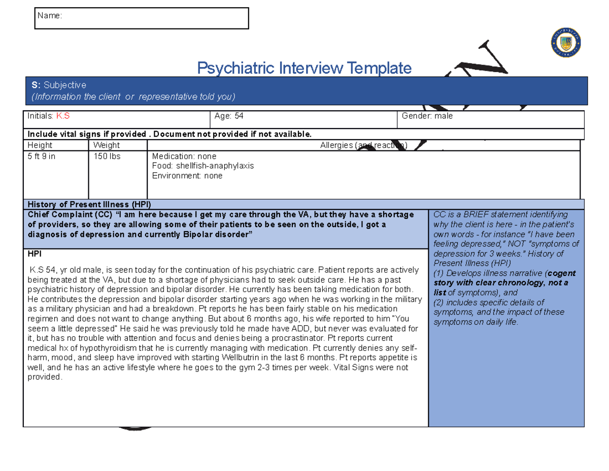 NR 548 Interview Documentation Assignment KWilliams - Psychiatric