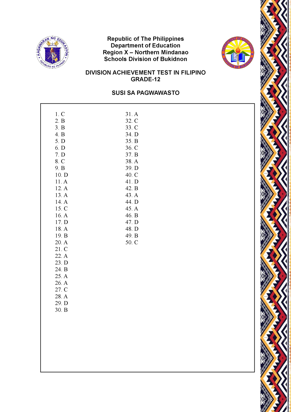 NAT Reviewer Answer KEY Filipino 12 Republic Of The Philippines 