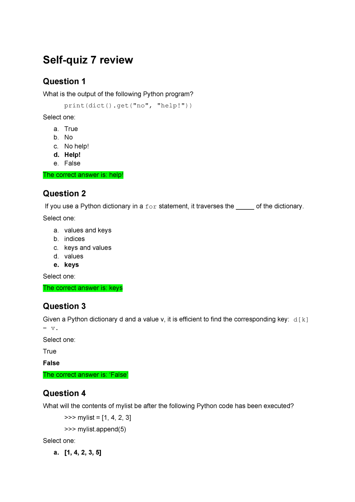 CS1101 Unit 7 Quiz - Self-quiz 7 review Question 1 What is the output Sns-Brigh10