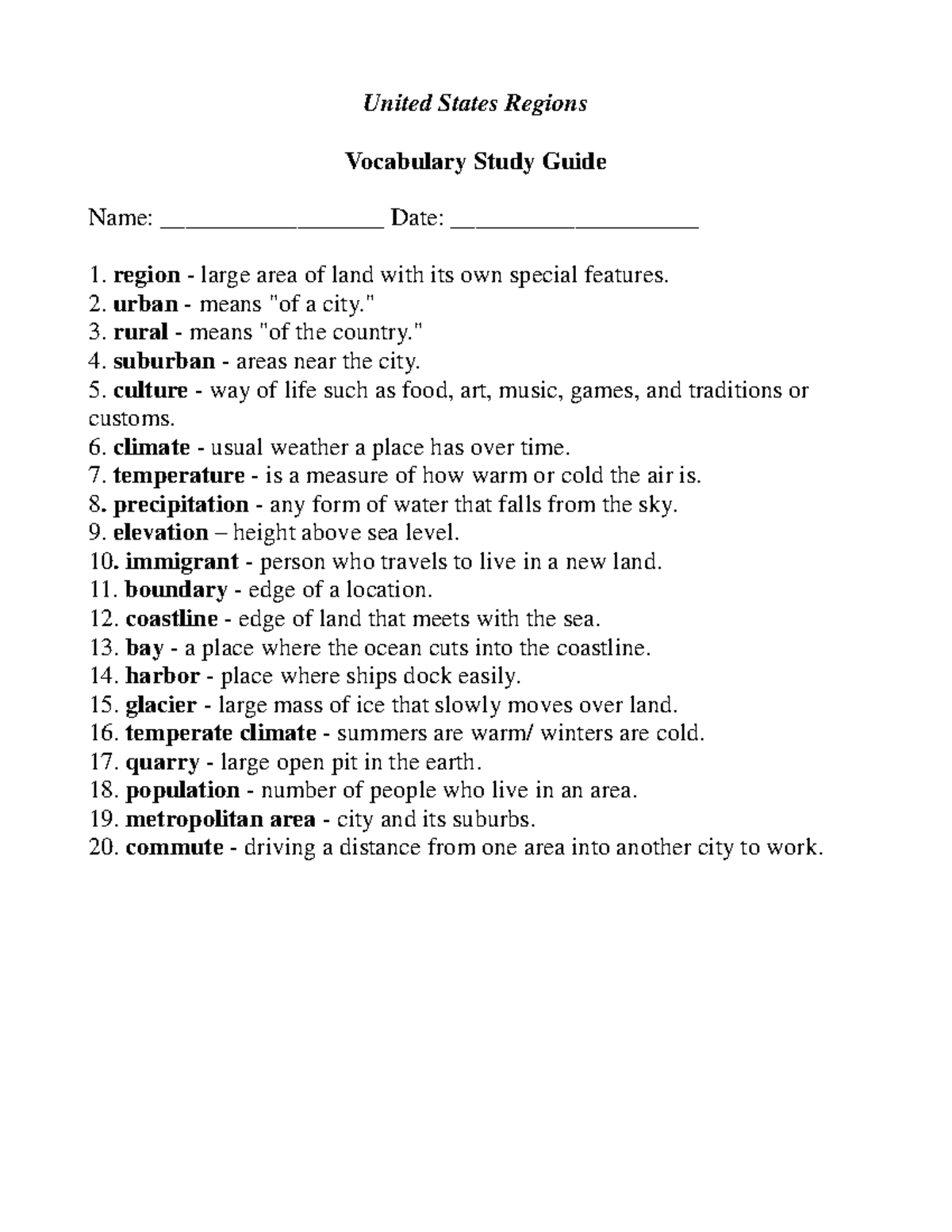 Regions test fill in the blanks - United States Regions Vocabulary ...