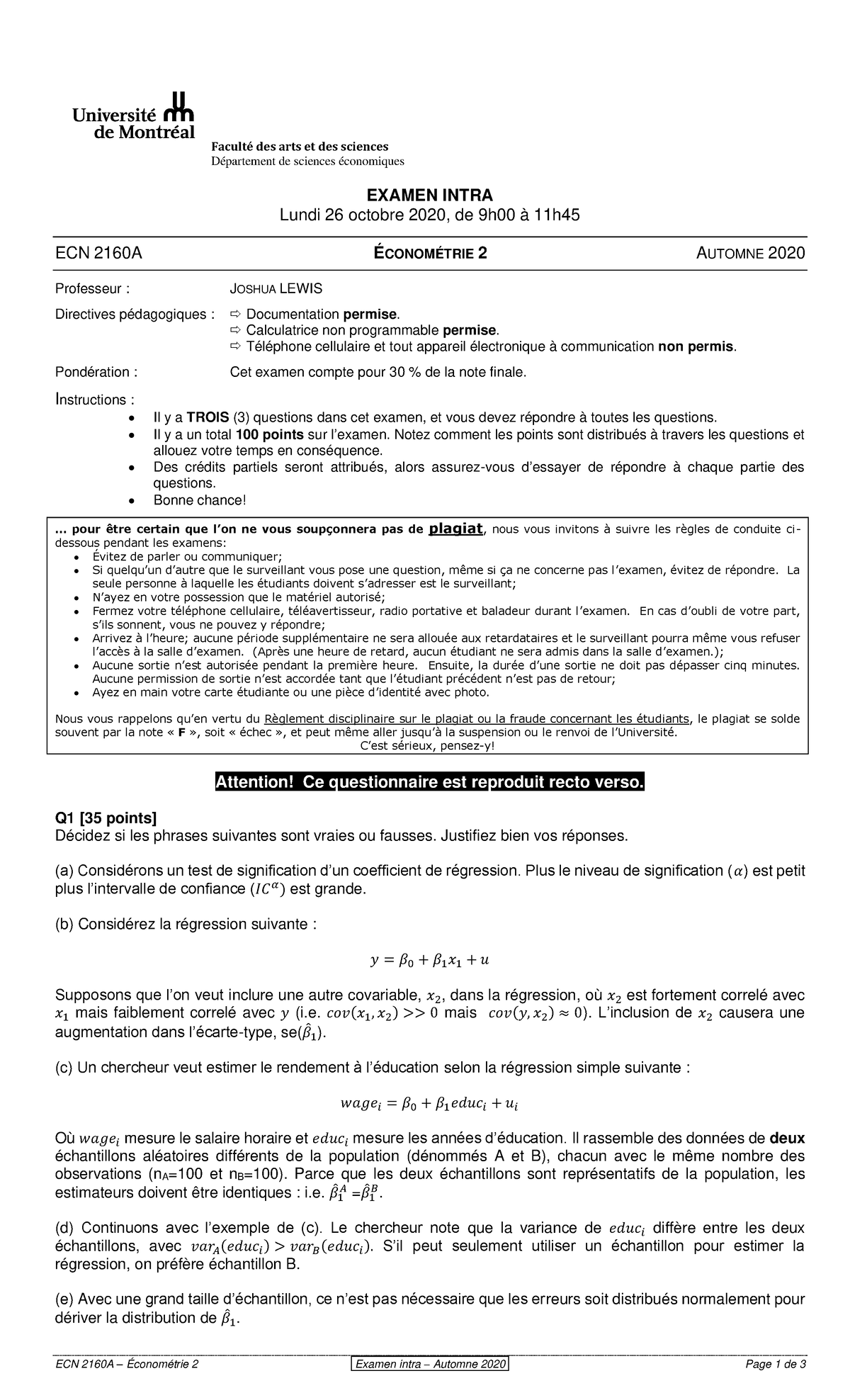 2160A-A20-XI - examen intra - ECN 2160A – Économétrie 2 Examen intra − ...