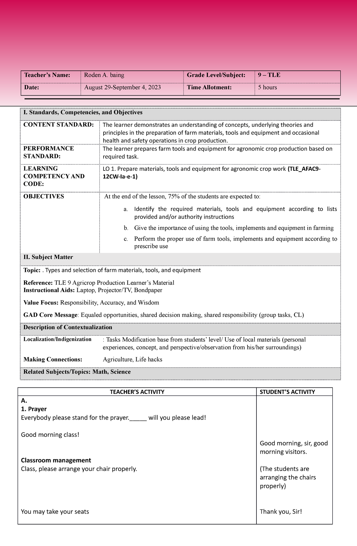 Detailed Lesson Plan TLE week 1 August 29-Sept 4 - Teacher’s Name ...