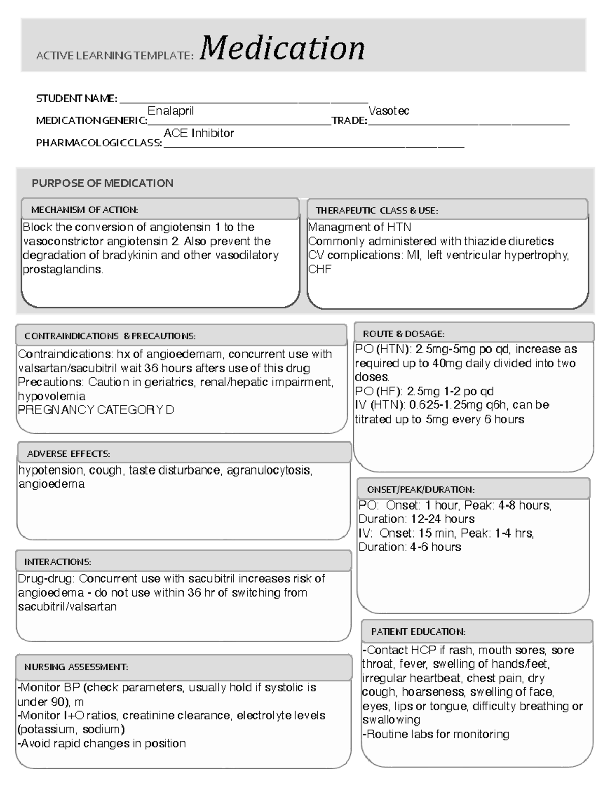 Enalapril Medication Card STUDENT NAME