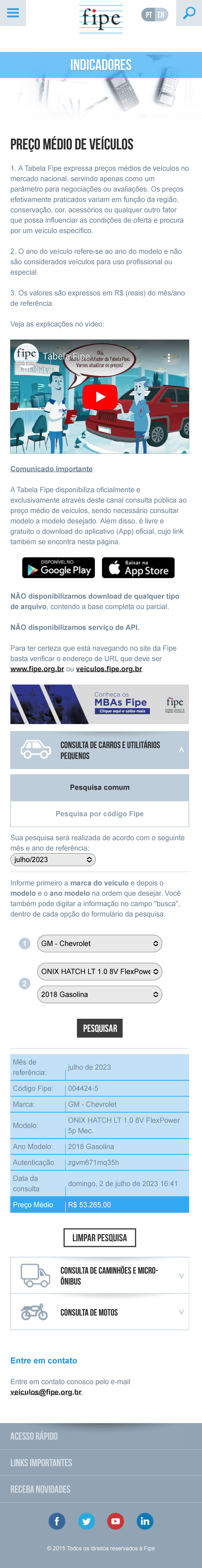 Tabela Fipe - Fundação Instituto de Pesquisas Econômicas - Fipe