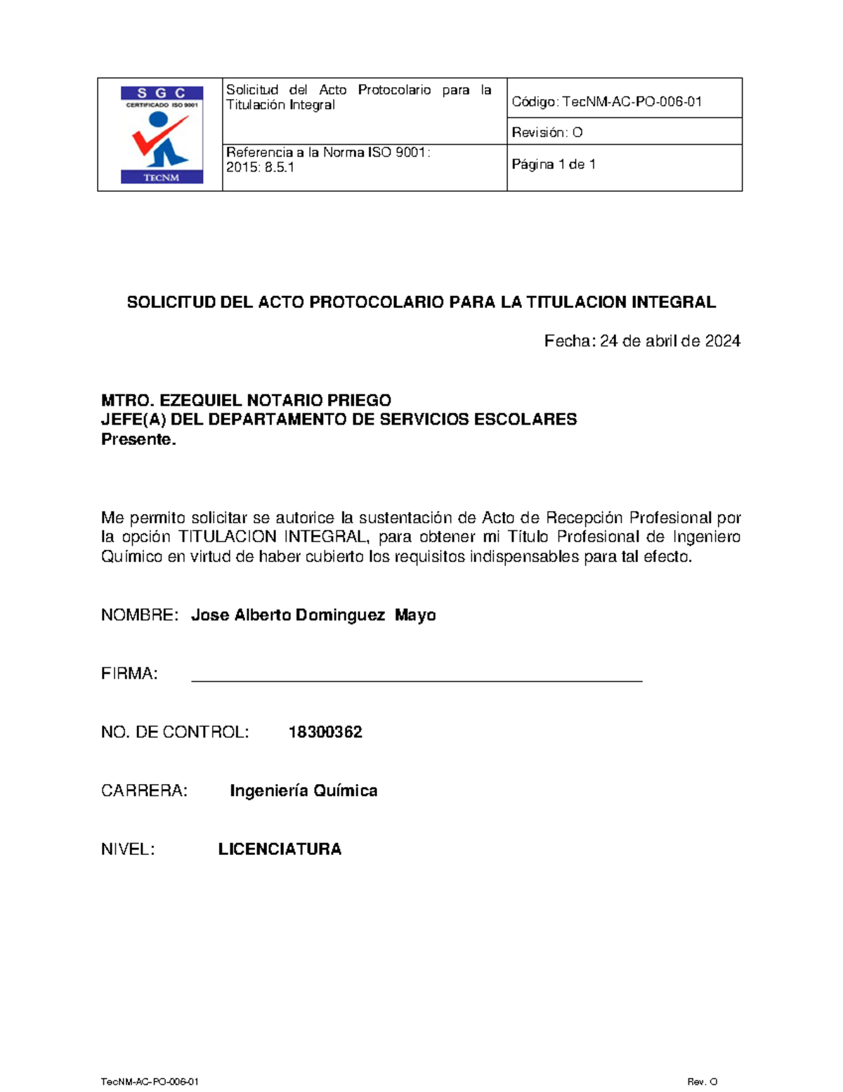 Doc - Solicitud del Acto Protocolario para la Titulación Integral