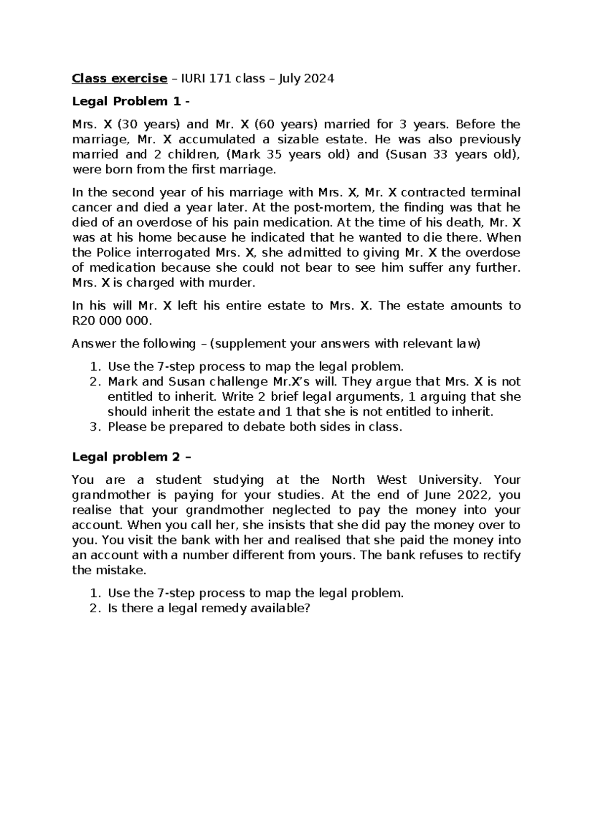 Legal problem - July 2024 - Class exercise – IURI 171 class – July 2024 ...