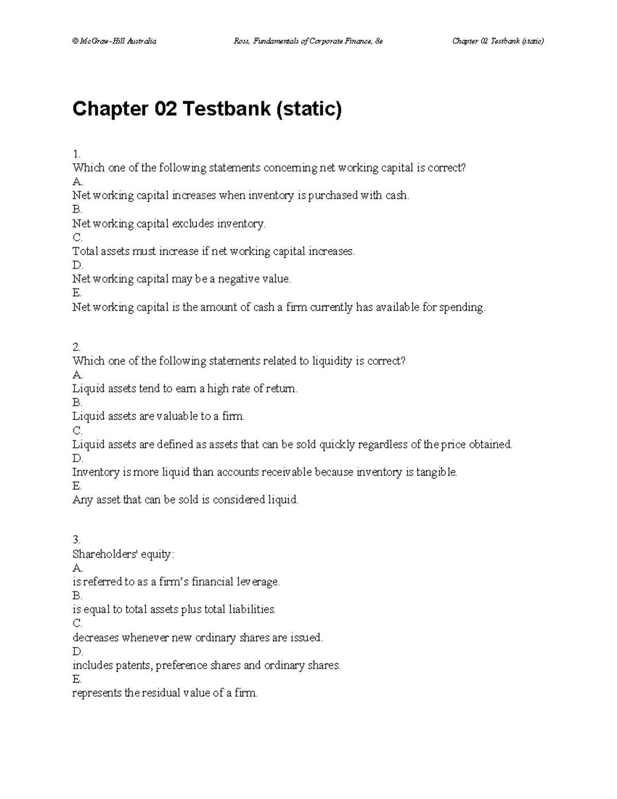 Ross8e TB ch02 - text bank - Chapter 02 Testbank (static) 1. Which one ...