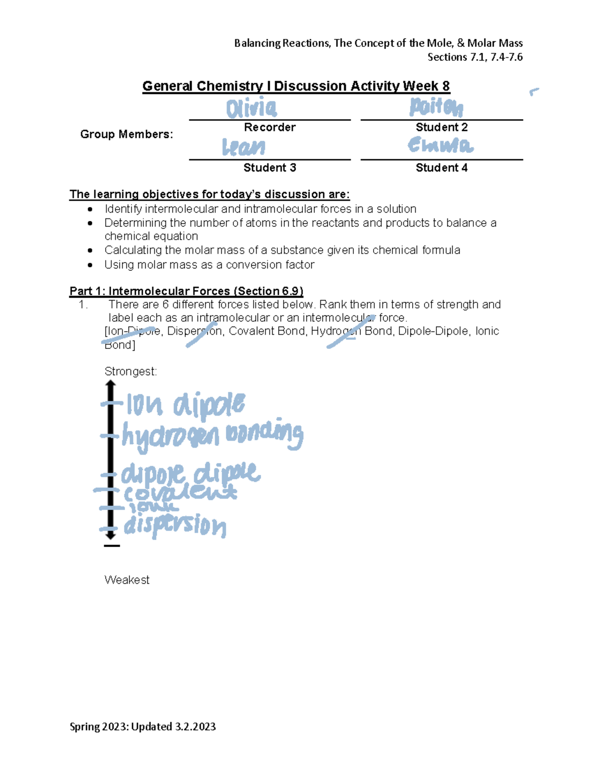 Discussion+Week+8 - Discussion notes led by TA - Balancing Reactions ...